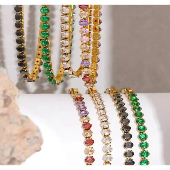 Colorful Zirconia 18K Gold Stainless Steel Waterproof Tennis Bracelet - Picture 10 of 11